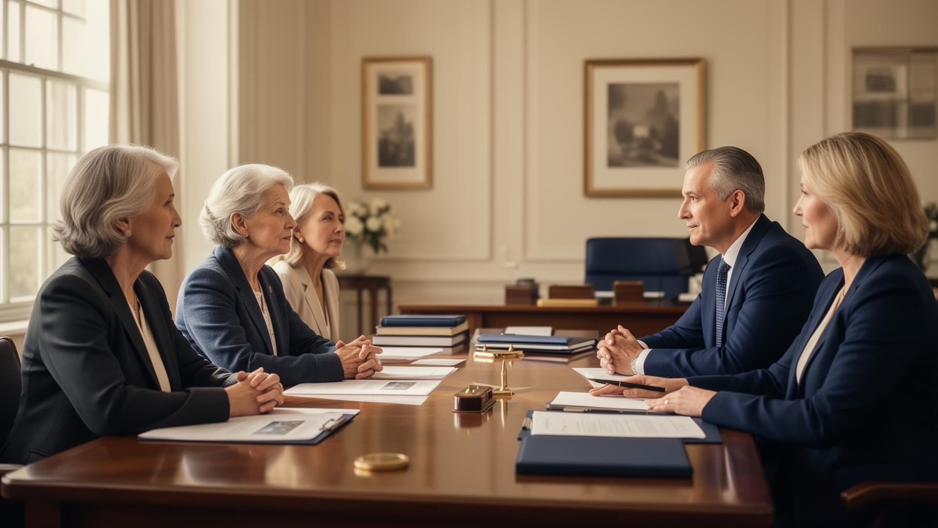 A family in a calm planning conversation with a professional advisor in an elegant office